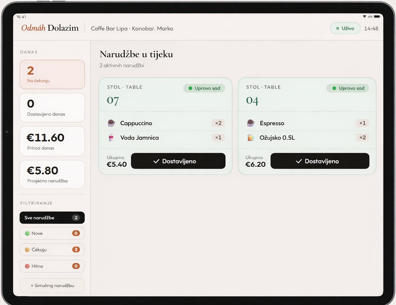 Konobar dashboard — narudžbe u tijeku